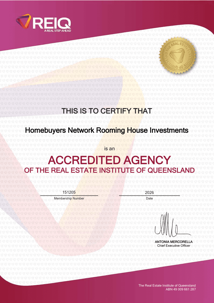 REIQ accredited agency membership certificate 2026 for Homebuyers Network Rooming House Investments
